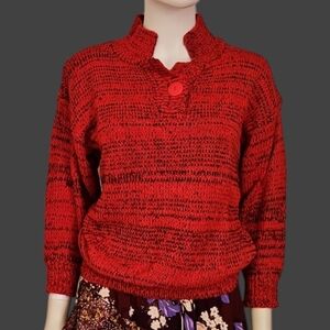 STERLING HARRIS 1980s Red Marled Knit Split Neck Valentine's Pullover Sweater